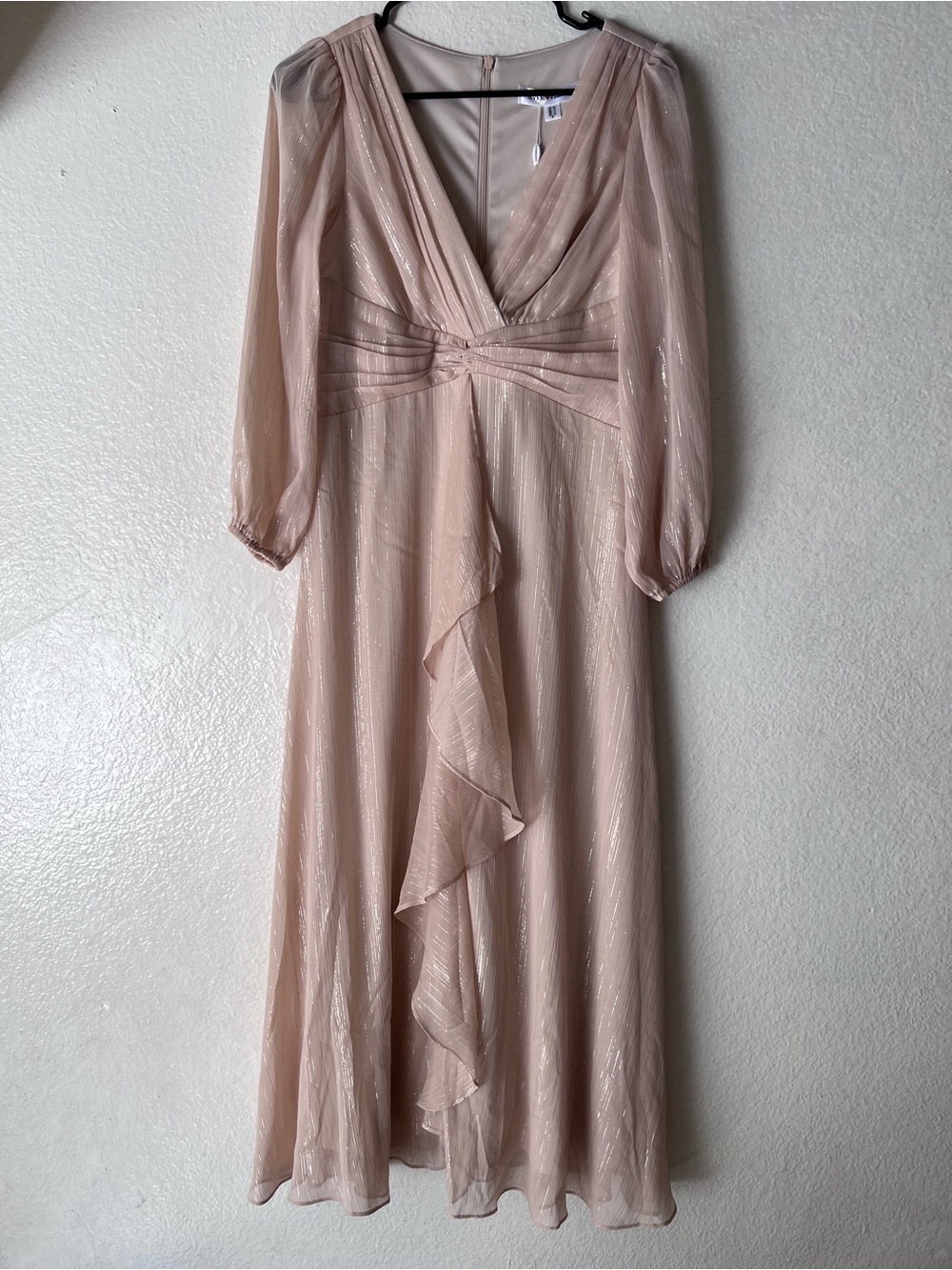 See-Through Long Sleeve Twist Knot A-Line Lotus Leaf Shimmering Evening Dress - Picture 4 of 10